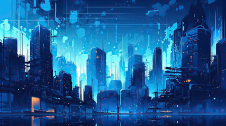 Abstract city background with skyscrapers and glowing lights. Vector illustrationの素材