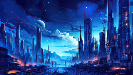 Futuristic city with skyscrapers at night. Vector illustration.の素材