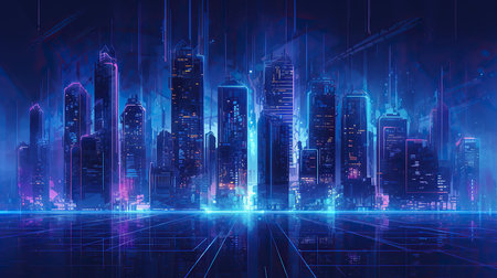 Futuristic city in neon light. 3d rendering toned imageの素材