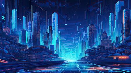 City and road at night with glowing lights. Futuristic cityscape.の素材