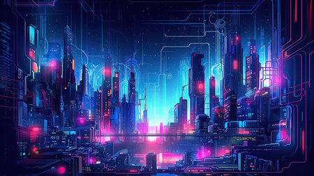Futuristic city at night with neon lights. Vector illustration.の素材