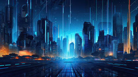 Night city with high speed road and glowing lights. 3d renderingの素材