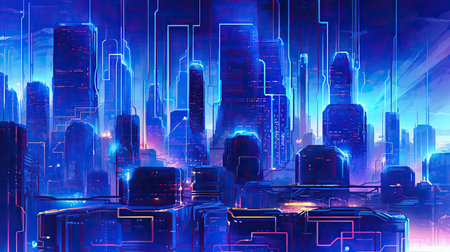 Futuristic city background with glowing neon lights. 3d renderingの素材