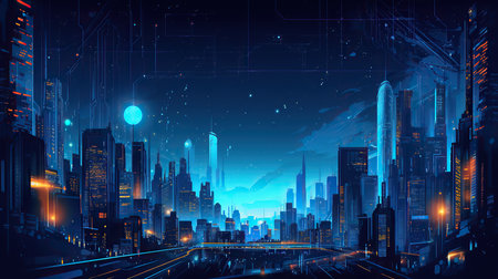 Night city with skyscrapers and road. Vector illustration of modern city.の素材