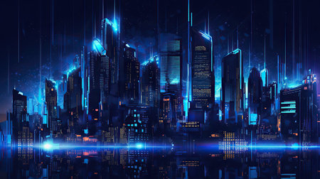 Night city with neon lights. Futuristic cityscape. Vector illustration.の素材