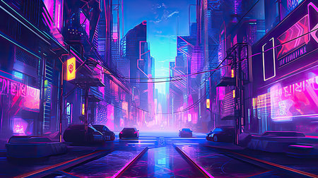 Futuristic city street at night with neon lights. 3d renderingの素材