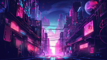 Futuristic city in neon light. Futuristic city at night. 3d renderingの素材