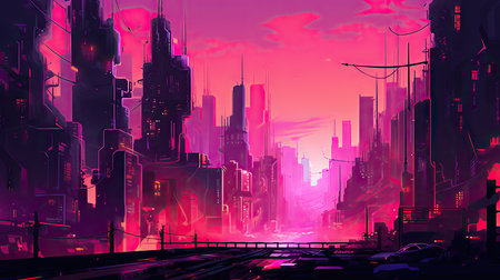 Night city with neon lights. Futuristic cityscape. Vector illustration.の素材
