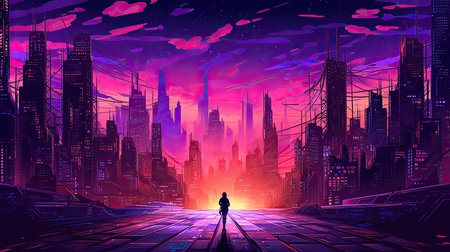 Cyberpunk futuristic city at night. Futuristic cityscape. Vector illustration.の素材