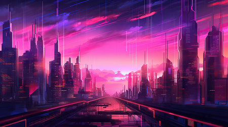 Futuristic city at night with neon lights, 3d renderingの素材