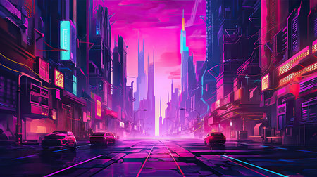 Night city with neon lights. Vector illustration. Futuristic city.の素材