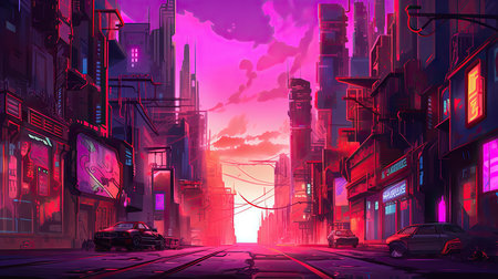 Futuristic city in neon light, 3d rendering digital illustrationの素材