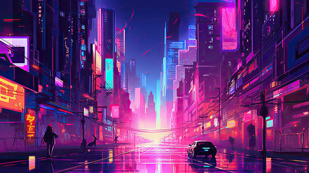 Night city street with neon lights and traffic lights. Vector illustration.の素材