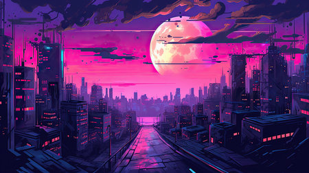Night cityscape with full moon. Vector illustration in neon style.の素材