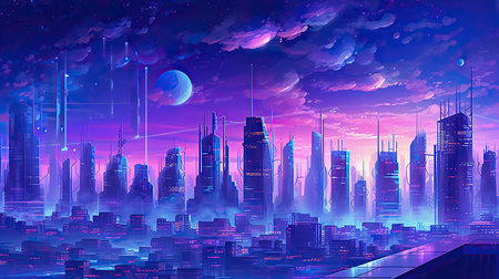 Futuristic city at night with neon lights. Futuristic cityscape. Vector illustration.の素材