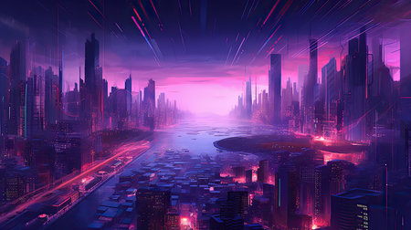 Futuristic cityscape with skyscrapers and river at nightの素材