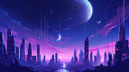 Futuristic cityscape with neon lights and planets. Vector illustrationの素材