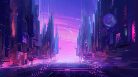 Digital Illustration of a Futuristic City in the Night with Neon Lightsの素材