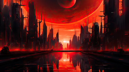 Futuristic city in the background of the moon. 3d renderingの素材