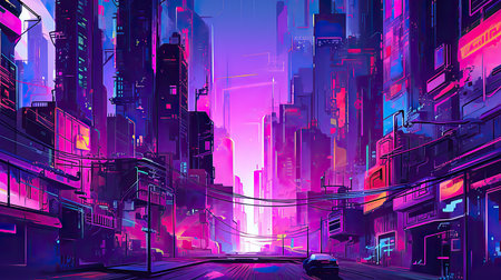 Night city street with neon lights. Vector illustration in neon style.の素材