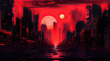 Futuristic city at sunset, 3d rendering. Computer digital drawingの素材