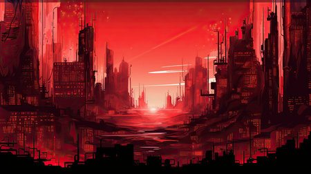 abstract red city background with skyscrapers and buildings, vector illustrationの素材