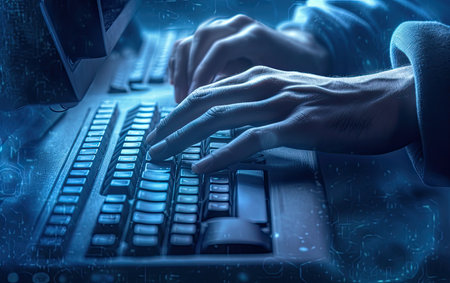 Hands typing on laptop keyboard with glowing earth globe on blue background.の素材