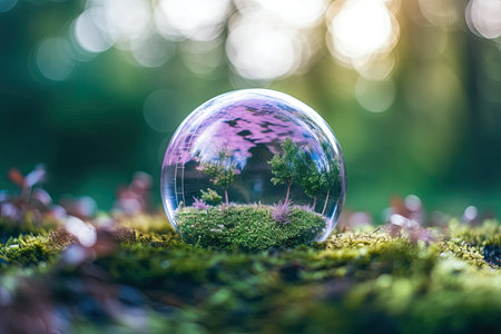Crystal ball in the forest with bokeh background. Concept of environmental conservation.の素材