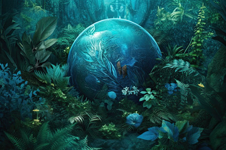 3D rendering of a fantasy planet in the forest with plants and flowersの素材
