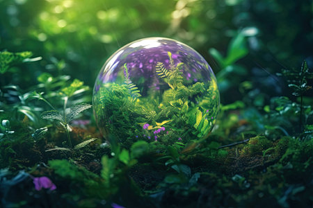 Glass sphere with grass and flowers in the forest. Eco concept.の素材
