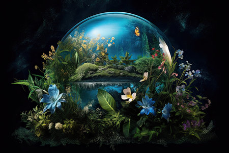 Beautiful underwater world with green grass and flowers. 3d renderingの素材
