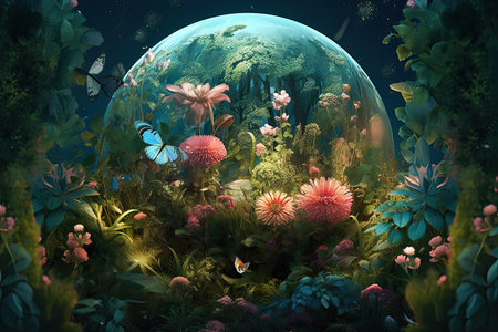 3D render of a fantasy world with flowers and butterflies in the waterの素材