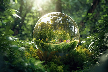 Glass globe in the forest. Environment conservation concept. 3D Renderingの素材