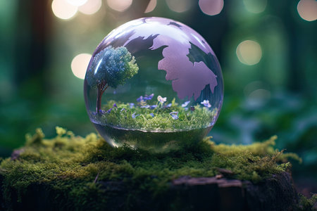 Globe in the forest with bokeh background, save the earth conceptの素材