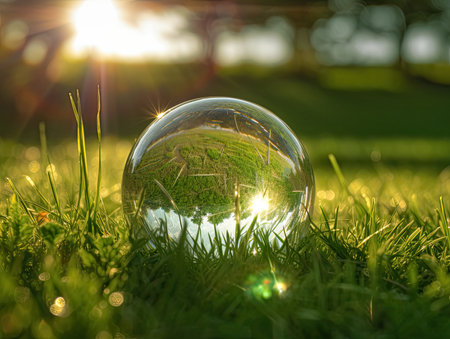 Crystal ball on green grass with sunbeams in the background.の素材