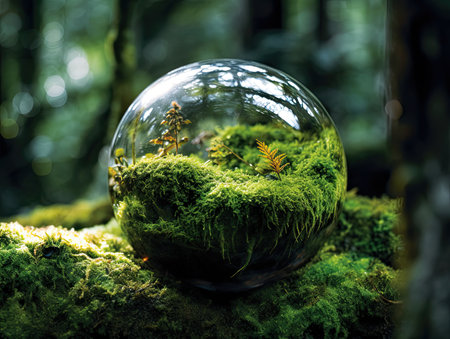 Crystal ball with moss and fern in the forest. Environment conservation concept.の素材