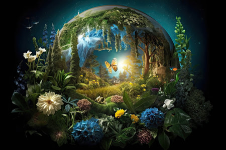 Fantasy landscape with flowers and butterflies in the form of a planet.の素材
