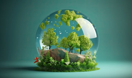 Transparent glass globe with green forest inside, 3d rendering.の素材