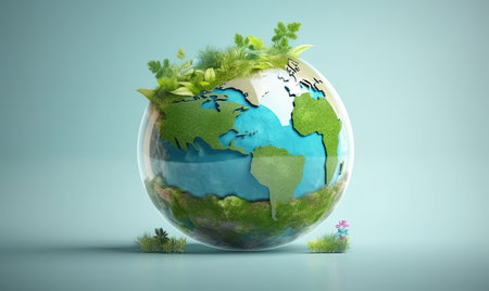 Ecology and environment concept. Earth globe with grass and flowers.の素材