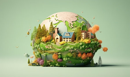 Eco friendly concept. Green planet with houses and trees on green backgroundの素材