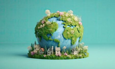 3d render of a model of a small planet with houses, trees and flowersの素材