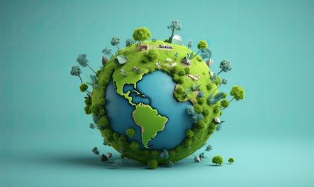 Green planet earth with buildings and trees on blue background. 3D renderingの素材