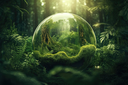 Glass sphere with forest and fern. 3d render illustration.の素材