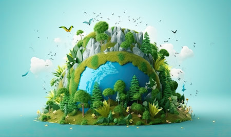 Ecology concept with green planet on blue background. 3D renderingの素材