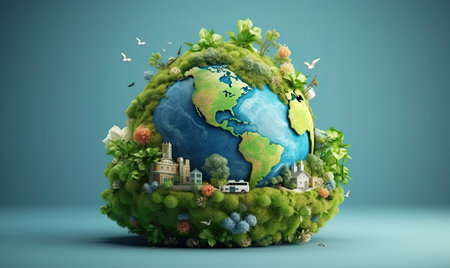 Ecology concept with green planet and buildings on blue background. 3D renderingの素材