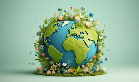 3d render of earth with flowers and leaves on green background.の素材
