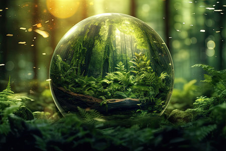 Glass sphere with ferns in the forest. 3d renderingの素材