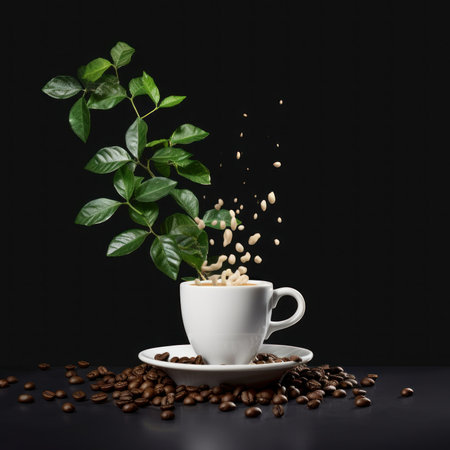 Coffee beans falling into a cup with splashes on a black backgroundの素材