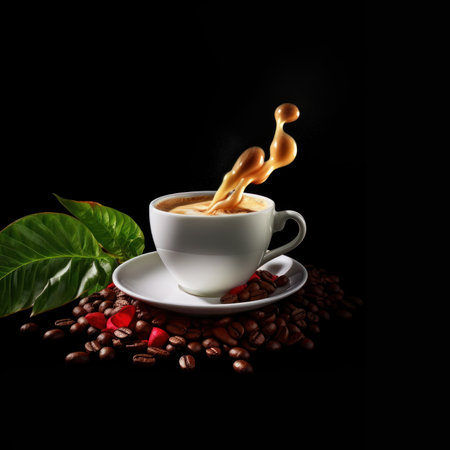 Cup of coffee and coffee beans on black background with copy spaceの素材