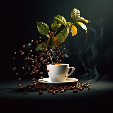 Cup of coffee and coffee beans on a dark background with smokeの素材